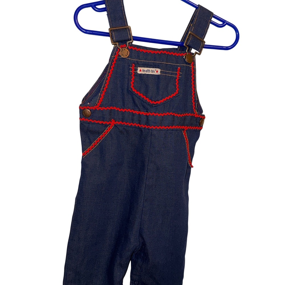 Vintage Health-tex Toddler Denim Overalls Red Rickrack Trim Dark Wash 18 Months